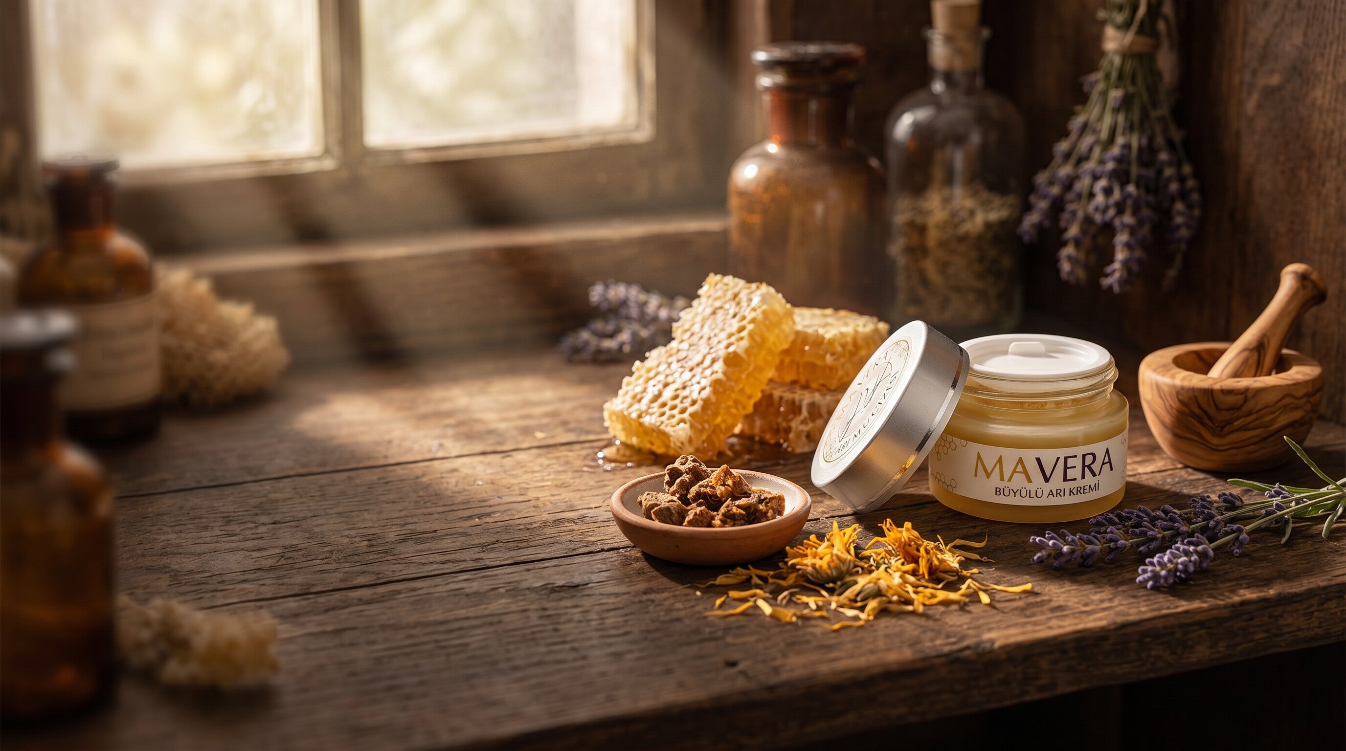 Mavera Büyülü Arı Kremi — 9C Cinematic Hero apothecary shelf